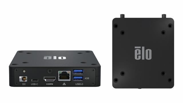 Images of the Elo BackPack 4 shown from different angles, displaying the connection ports and footprint of the device