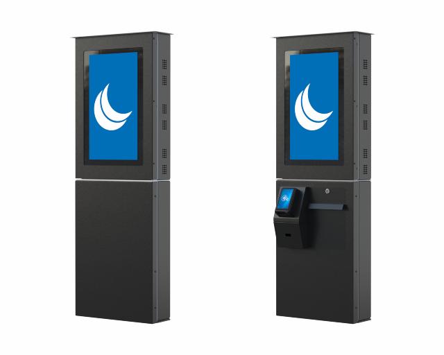 Floorstanding Outdoor Kiosk shown with and without peripherals