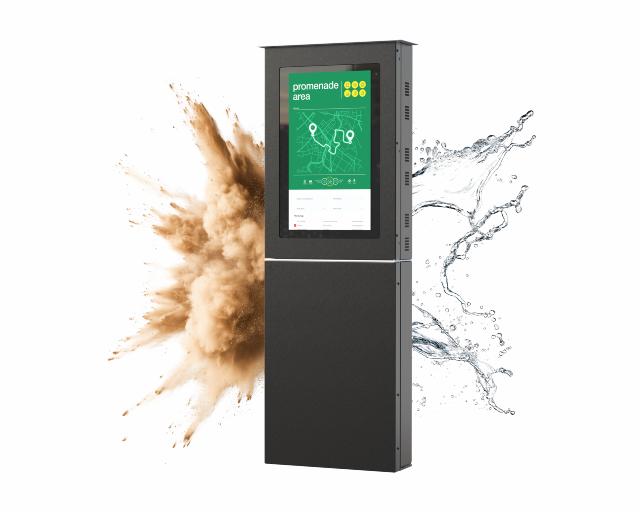 Image of SpacePole Outdoor Kiosk for Elo 2799L, flanked by splashes of water and a burst of dust, illustrating its weather and dust resistance.